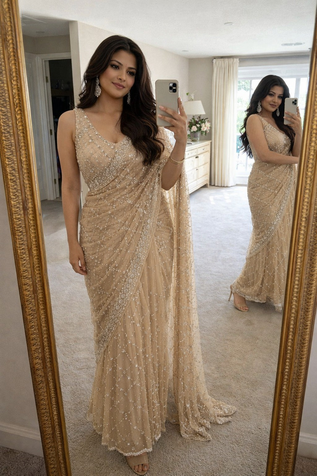 Beige designer net saree