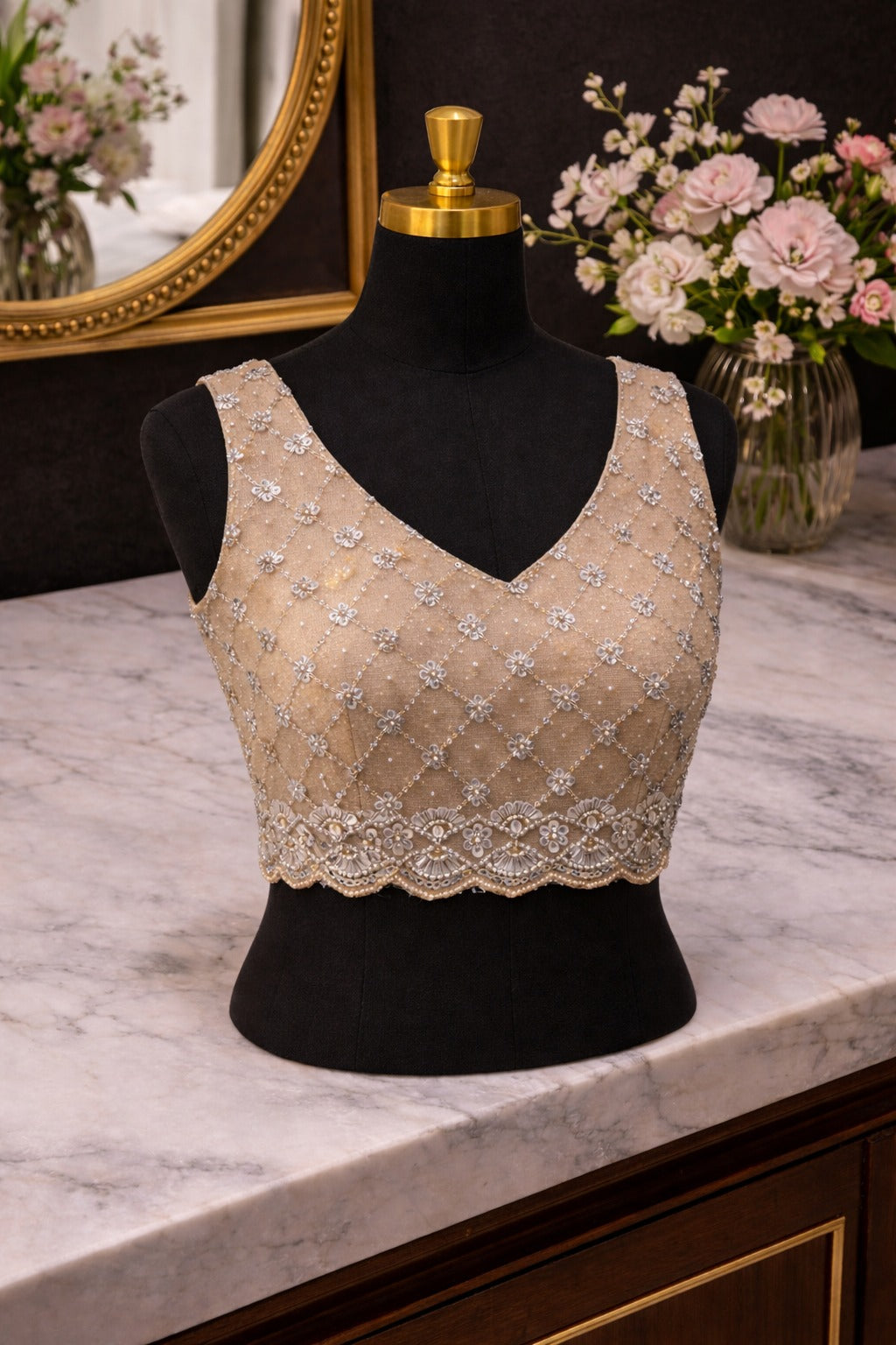 Beige designer net saree