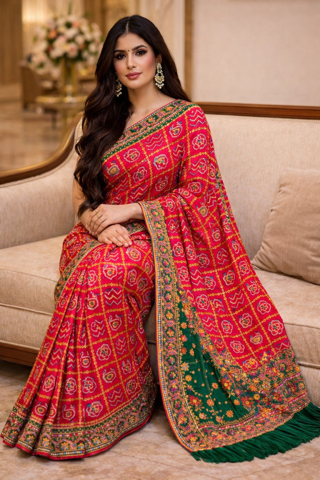 Rani Pink Heavily Embroided Silk Saree