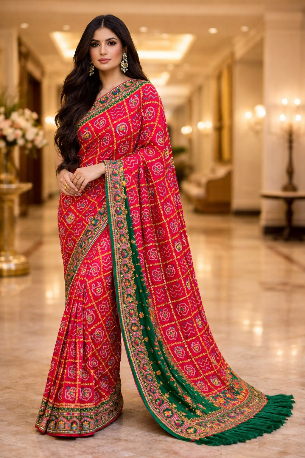 Rani Pink Heavily Embroided Silk Saree