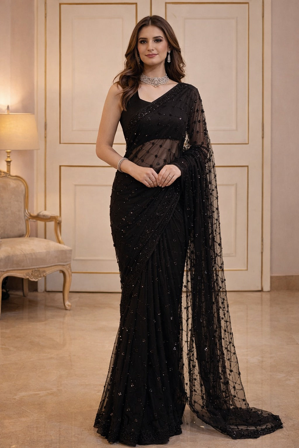 Black Designer Net Saree