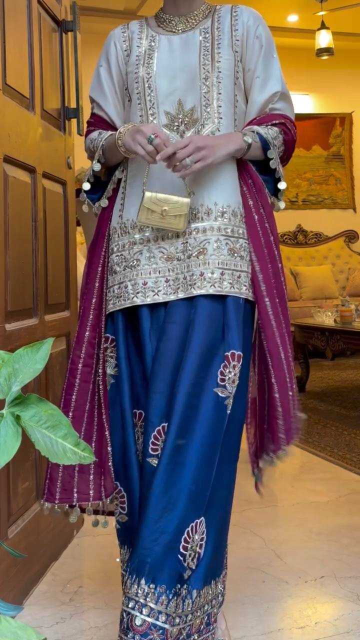 Heavy Embroidered Sharara Salwar Silk Suit (Firozi) UNV-ST-035