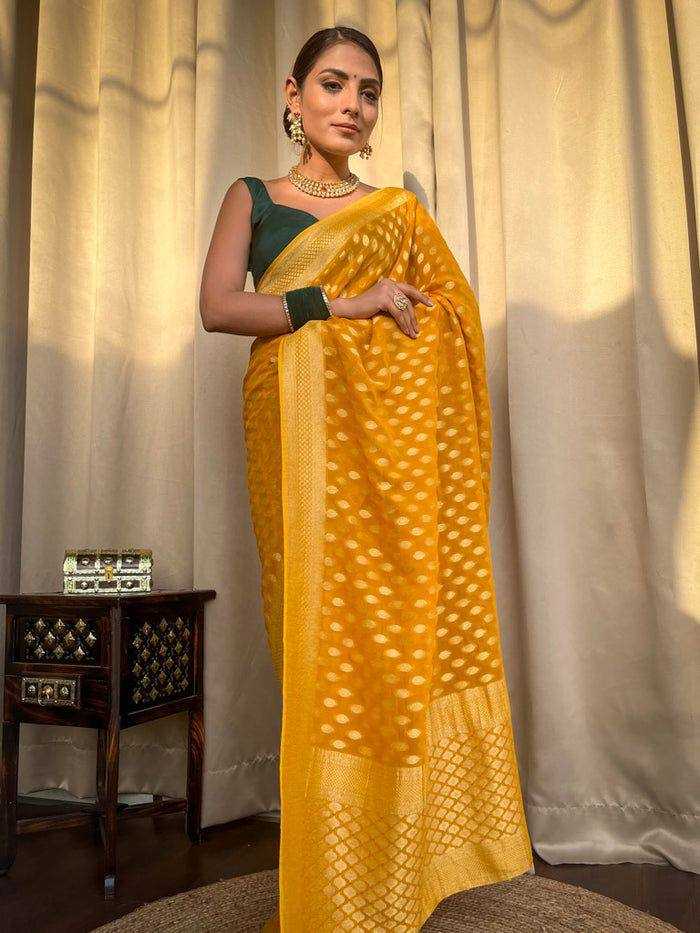 Banarasi Lichi Silk saree (Yellow) UNV-SR-021