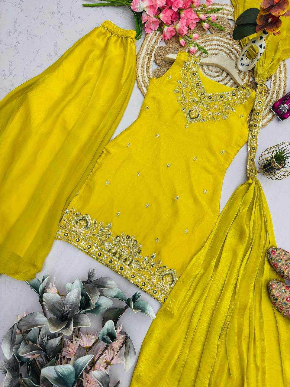 Fendy Embroidered Sharara Salwar Suit (Yellow) UNV-ST-034