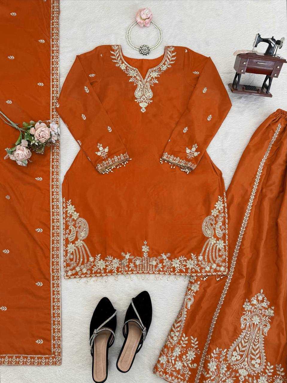 Crepe Party Wear Sharara Salwar Suit (Orange) UNV-ST-038