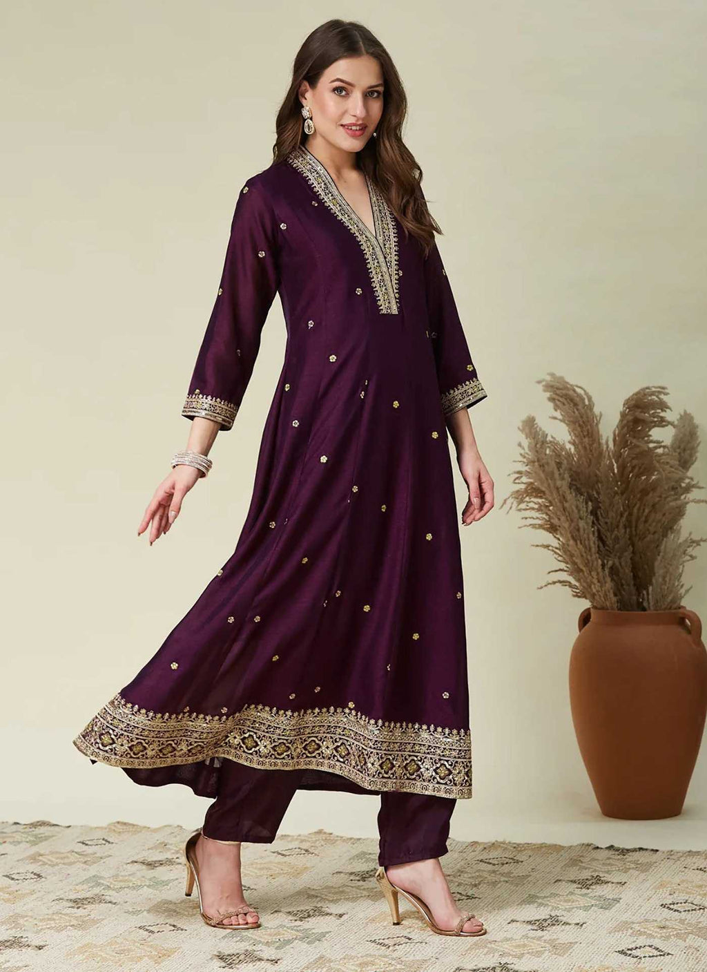 Vichitra  Silk Embroidered Anarkali  Suit (Wine) UNV-ST-017