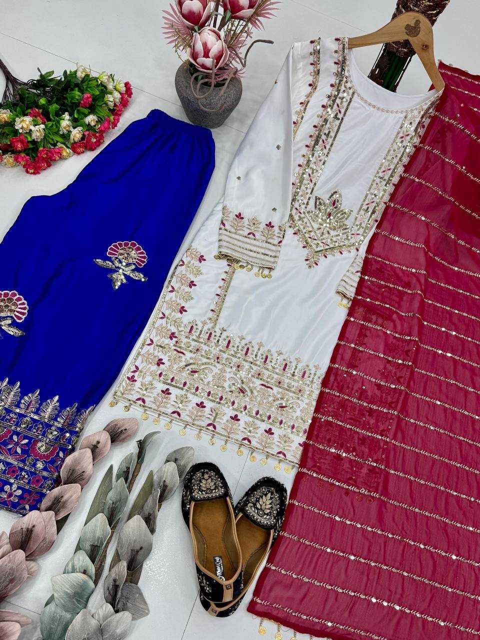 Heavy Embroidered Sharara Salwar Silk Suit (Firozi) UNV-ST-035