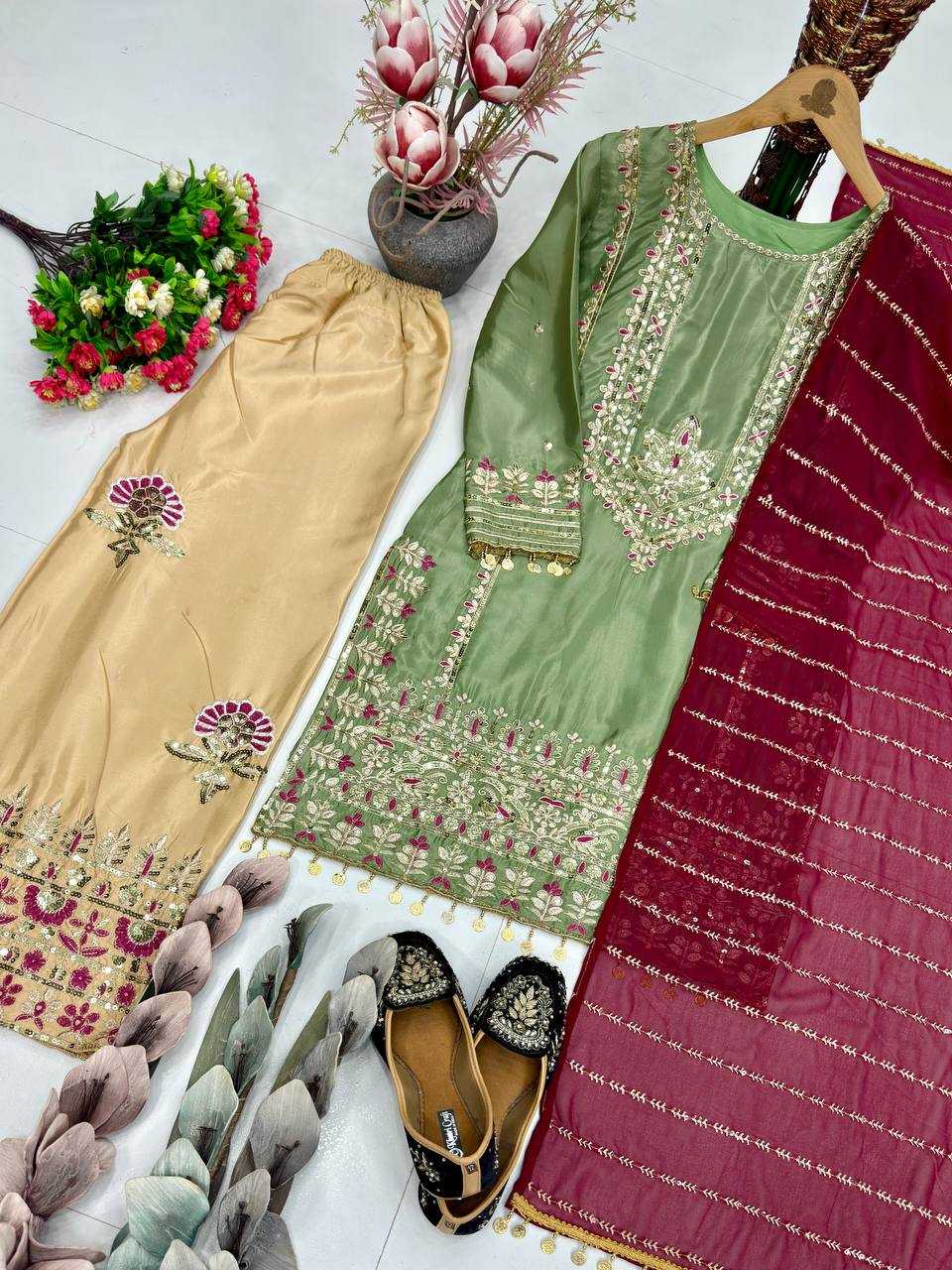 Heavy Embroidered Sharara Salwar Silk Suit (Bottle Green) UNV-ST-035