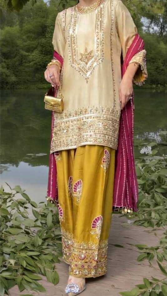 Heavy Embroidered Sharara Salwar Silk Suit (Beige) UNV-ST-035