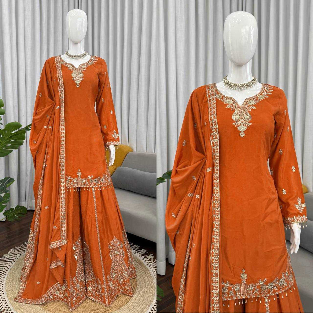 Crepe Party Wear Sharara Salwar Suit (Orange) UNV-ST-038
