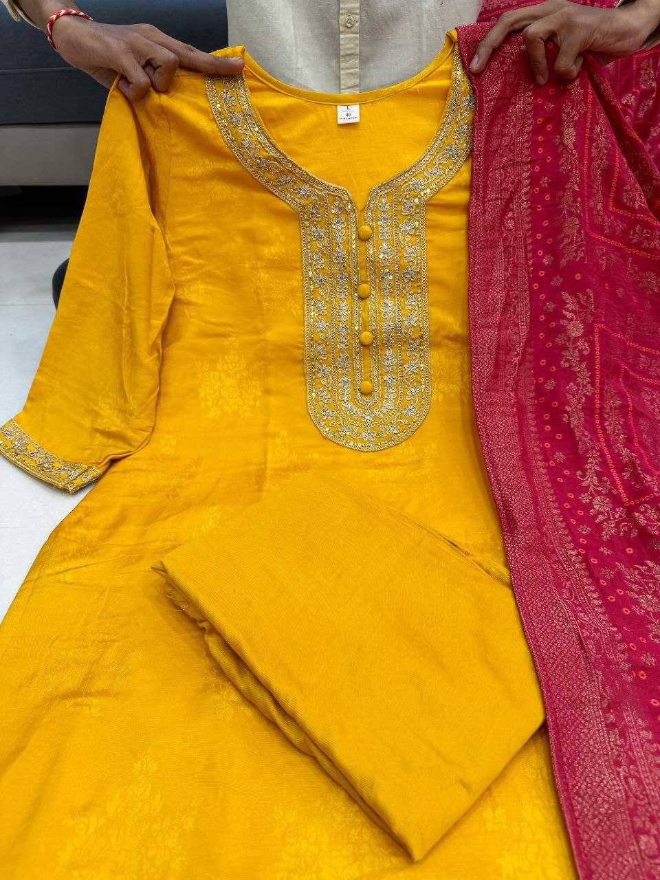 Banarasi Soft Silk Zari Haldi suit UNV-ST-036