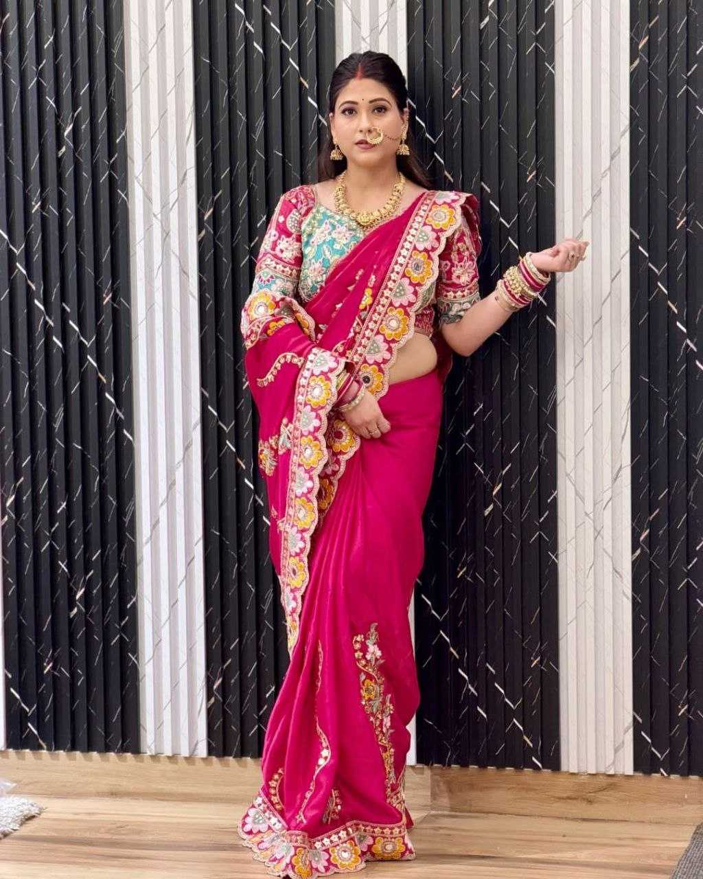 Rangoli Silk Sequine Embroidered Saree (Rani) UNV-SR-024