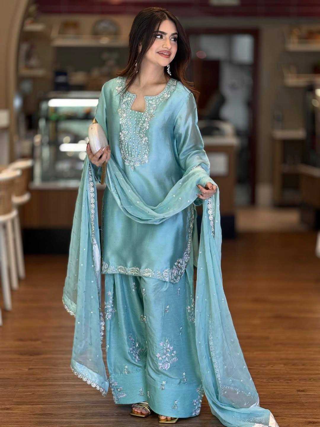 Heavy Roman Silk Embroidered Palazzo Suit UNV-ST-032
