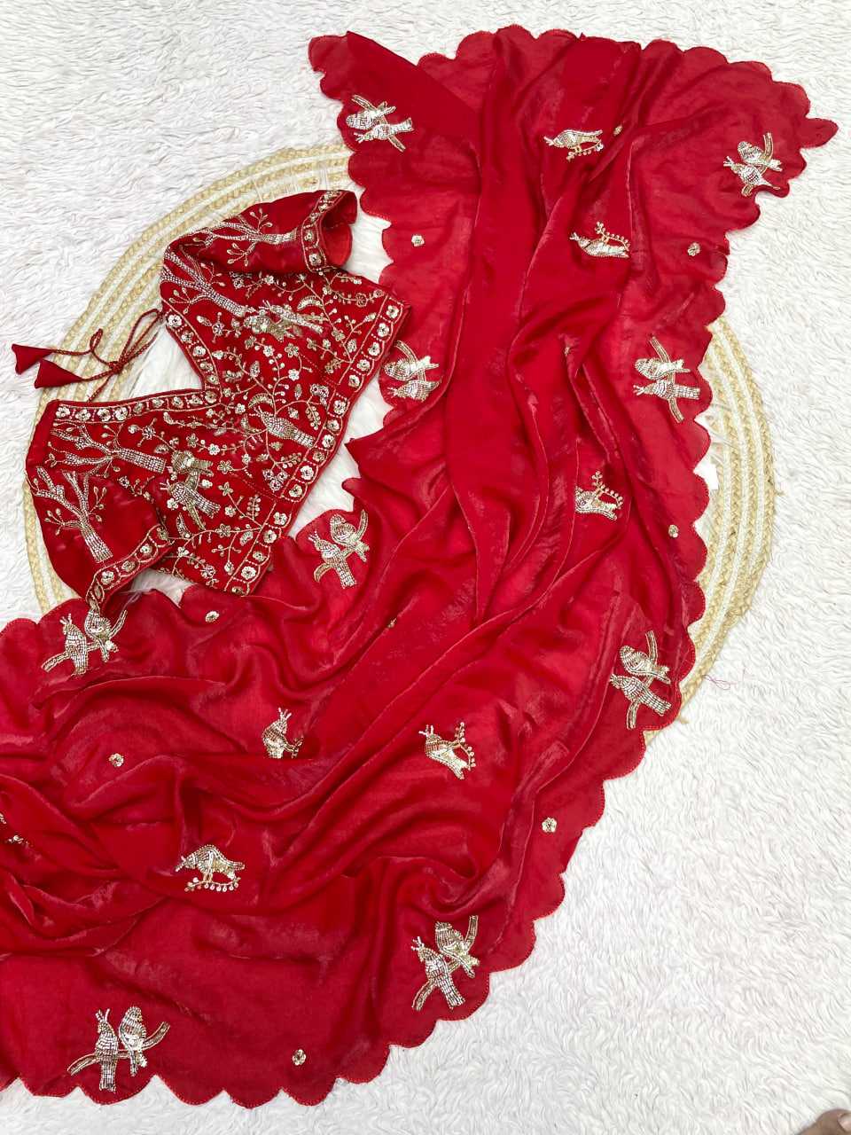 Handwork Cutwork satin Saree (Red) UNV-SR-019