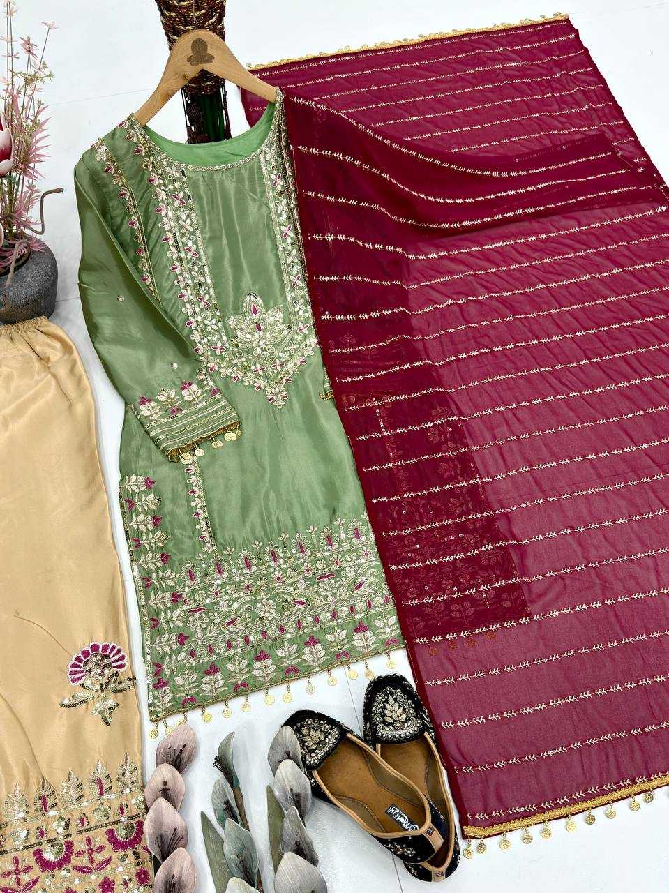 Heavy Embroidered Sharara Salwar Silk Suit (Bottle Green) UNV-ST-035