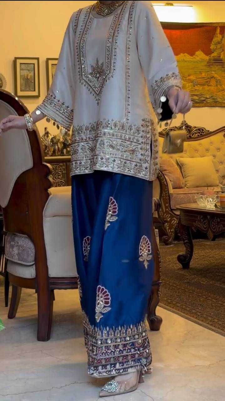 Heavy Embroidered Sharara Salwar Silk Suit (Firozi) UNV-ST-035