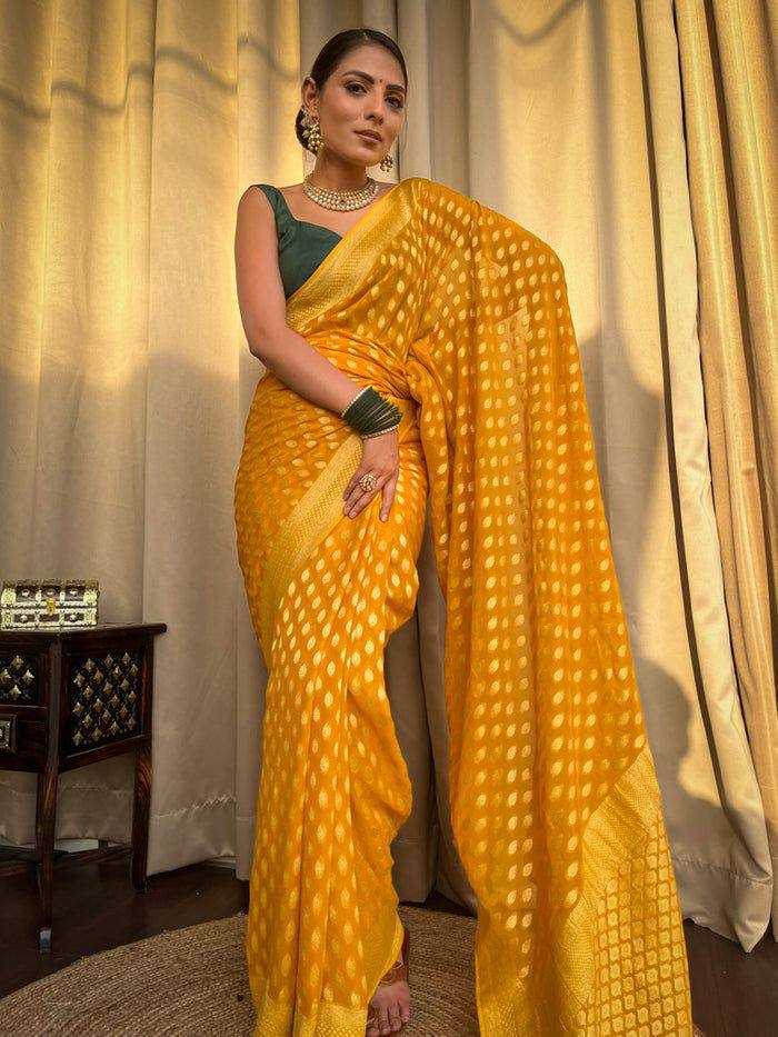 Banarasi Lichi Silk saree (Yellow) UNV-SR-021