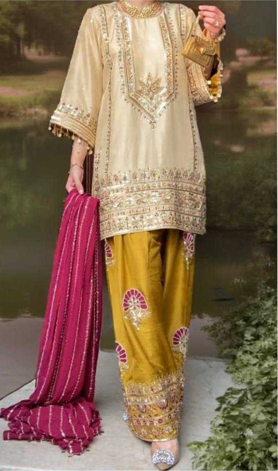 Heavy Embroidered Sharara Salwar Silk Suit (Beige) UNV-ST-035