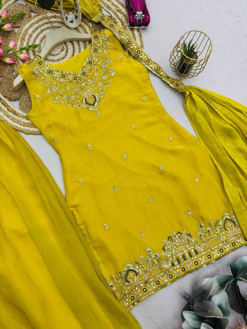 Fendy Embroidered Sharara Salwar Suit (Yellow) UNV-ST-034