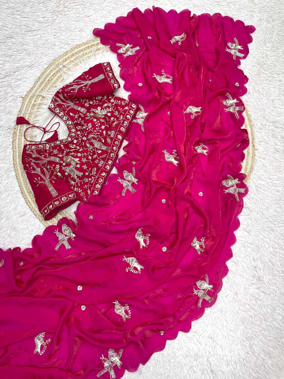 Handwork Cutwork satin Saree (Rani) UNV-SR-019