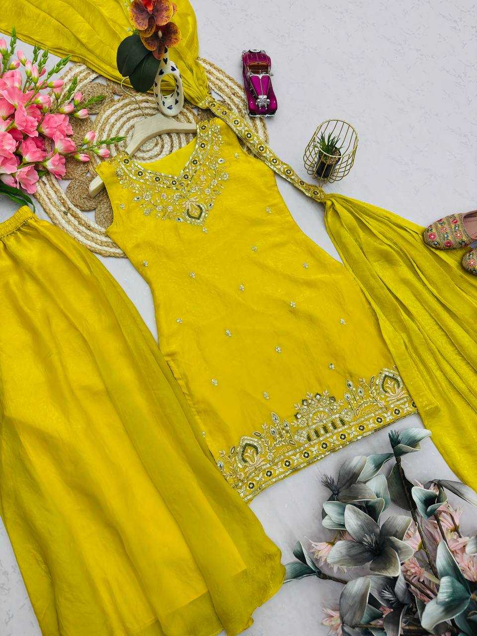 Fendy Embroidered Sharara Salwar Suit (Yellow) UNV-ST-034