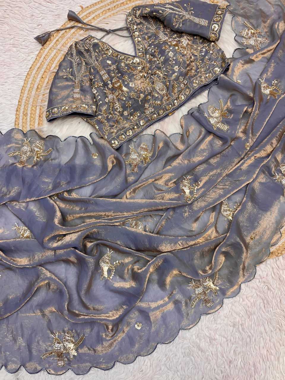 Handwork Cutwork satin Saree (Grey) UNV-SR-019