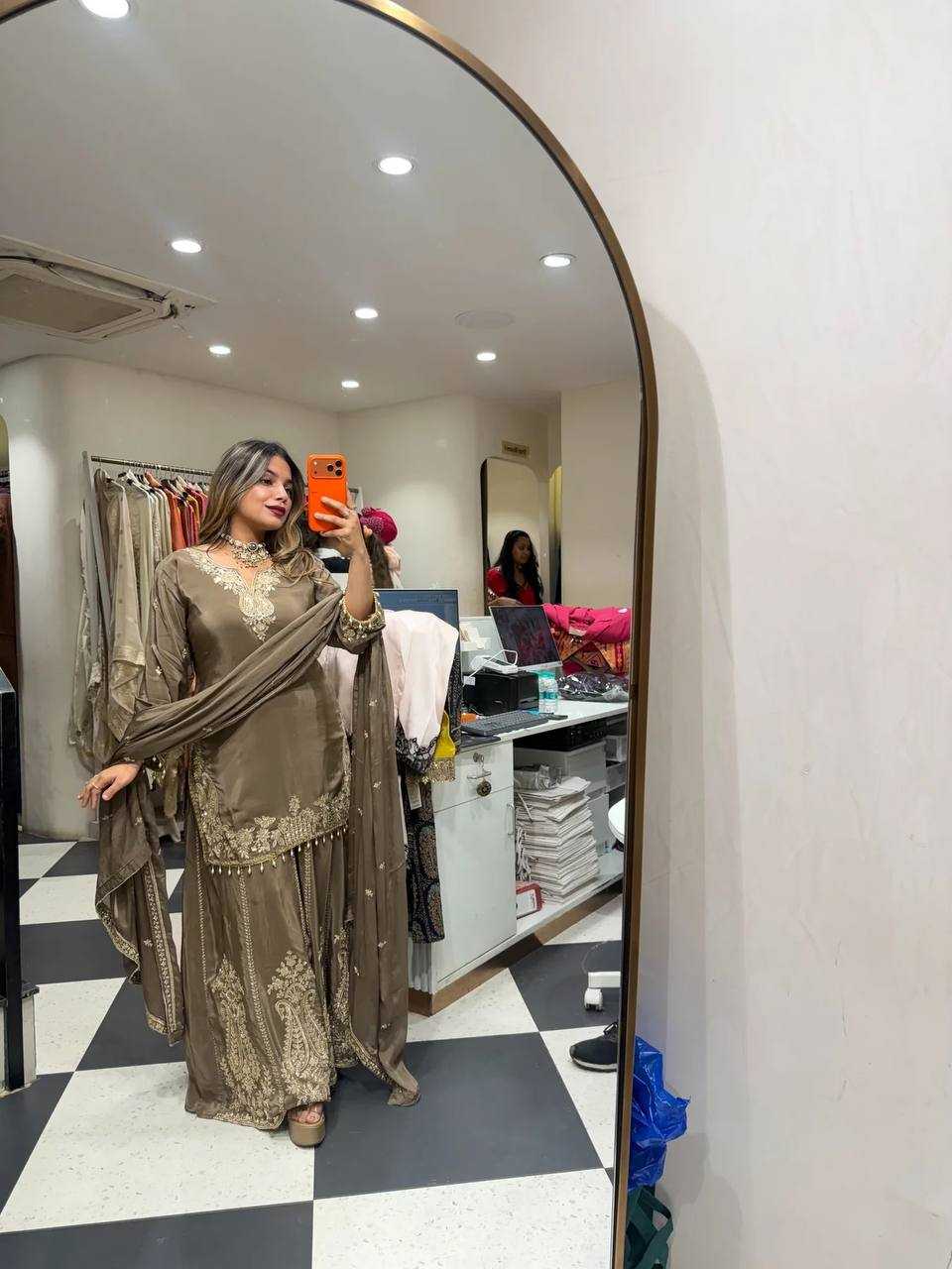 Crepe Party Wear Sharara Salwar Suit (Gray) UNV-ST-038
