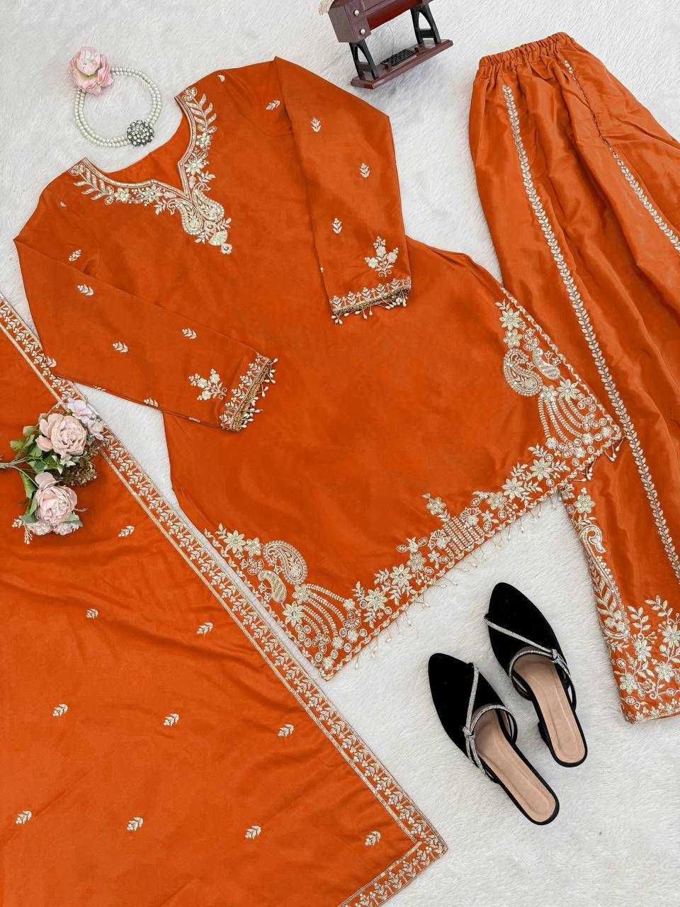 Crepe Party Wear Sharara Salwar Suit (Orange) UNV-ST-038