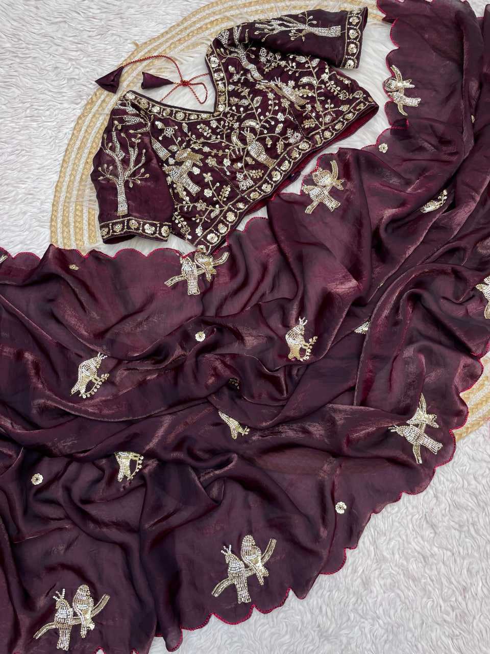 Handwork Cutwork satin Saree (Wine) UNV-SR-019