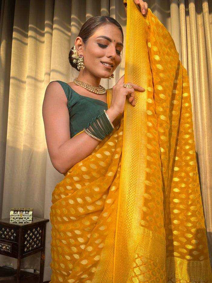 Banarasi Lichi Silk saree (Yellow) UNV-SR-021