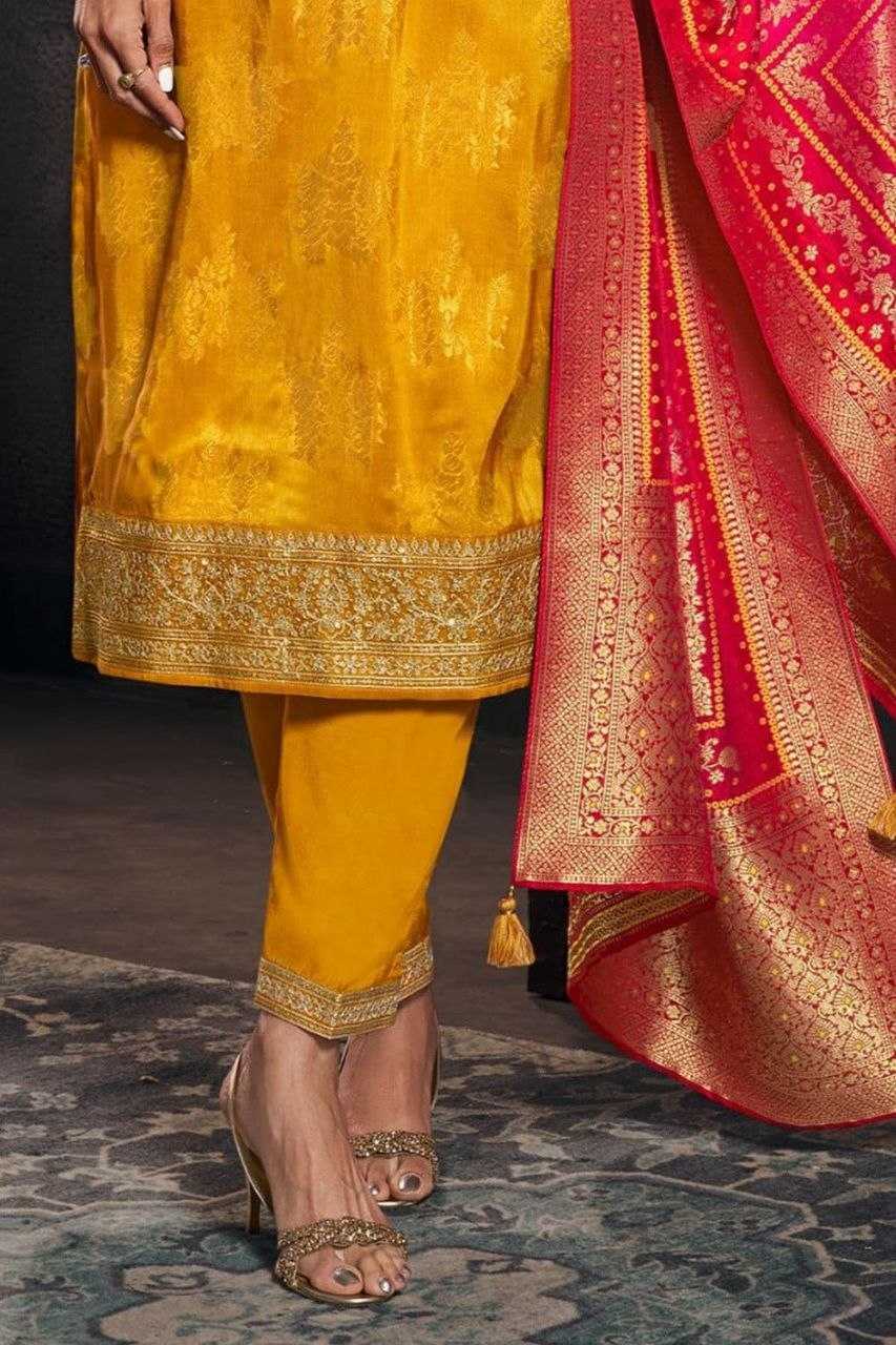Banarasi Soft Silk Zari Haldi suit UNV-ST-036