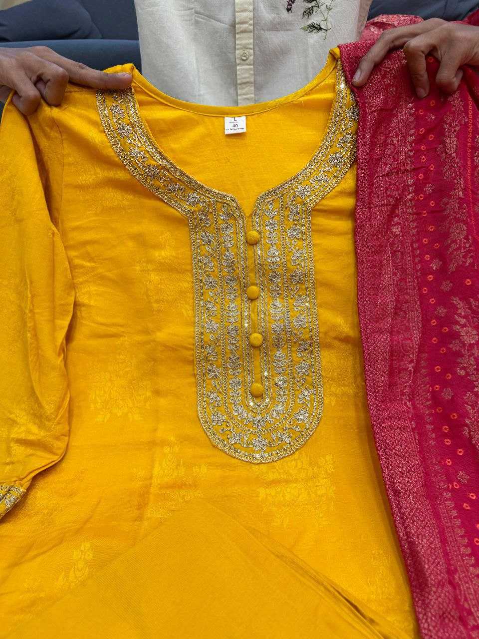 Banarasi Soft Silk Zari Haldi suit UNV-ST-036
