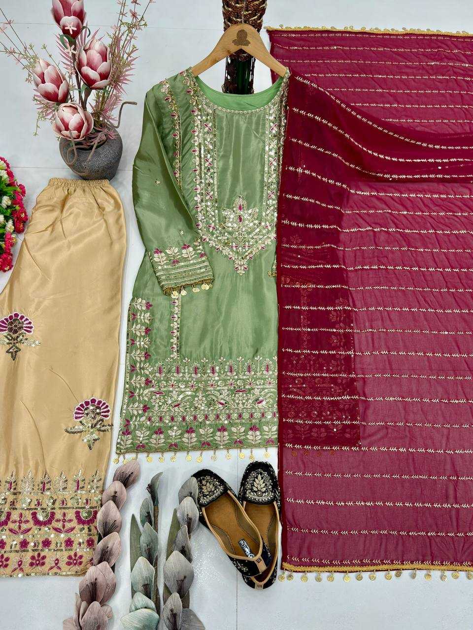 Heavy Embroidered Sharara Salwar Silk Suit (Bottle Green) UNV-ST-035