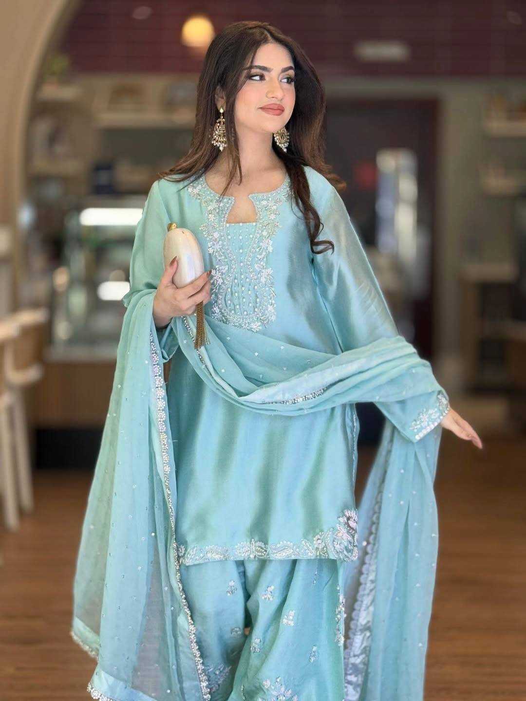 Heavy Roman Silk Embroidered Palazzo Suit UNV-ST-032