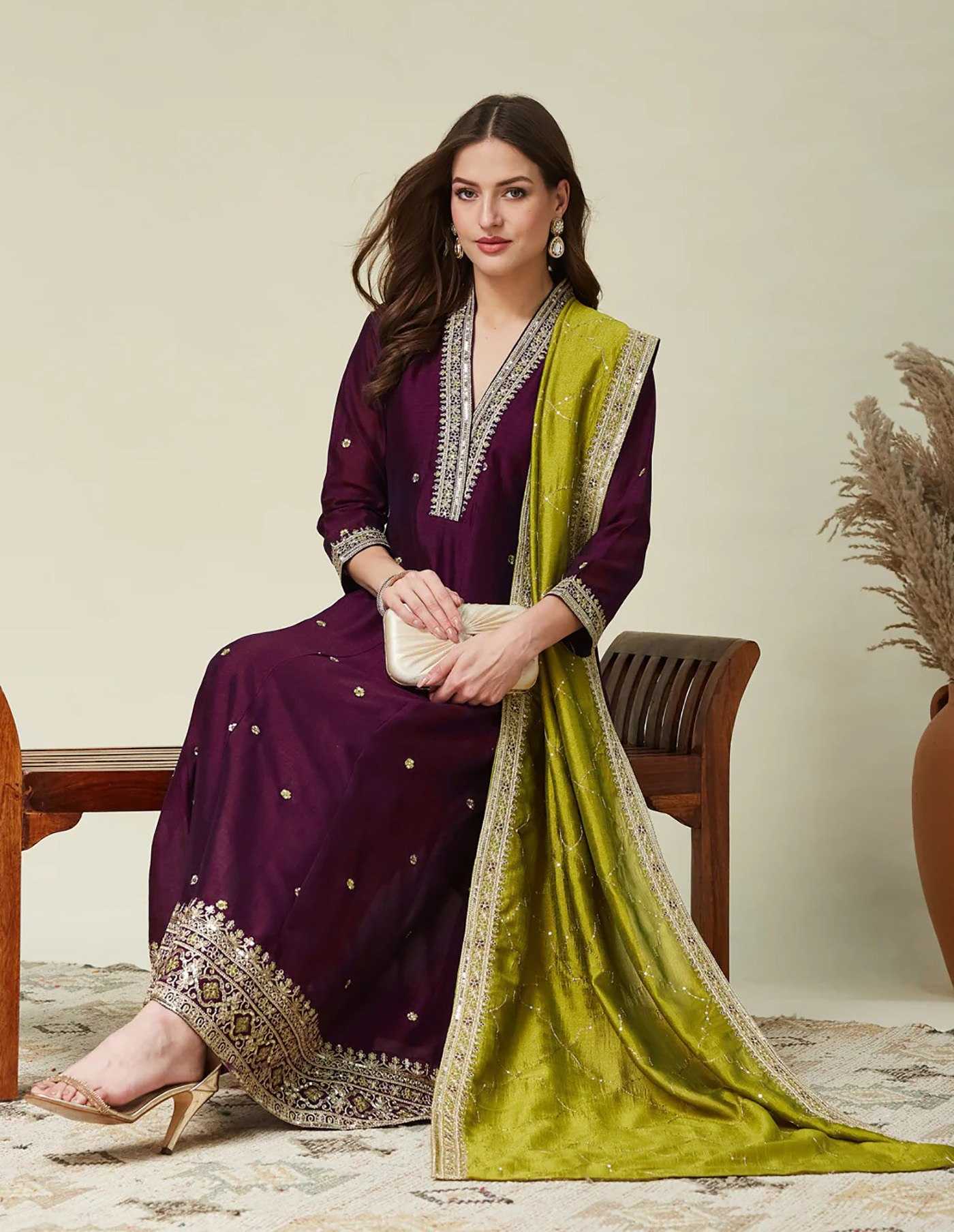 Vichitra  Silk Embroidered Anarkali  Suit (Wine) UNV-ST-017