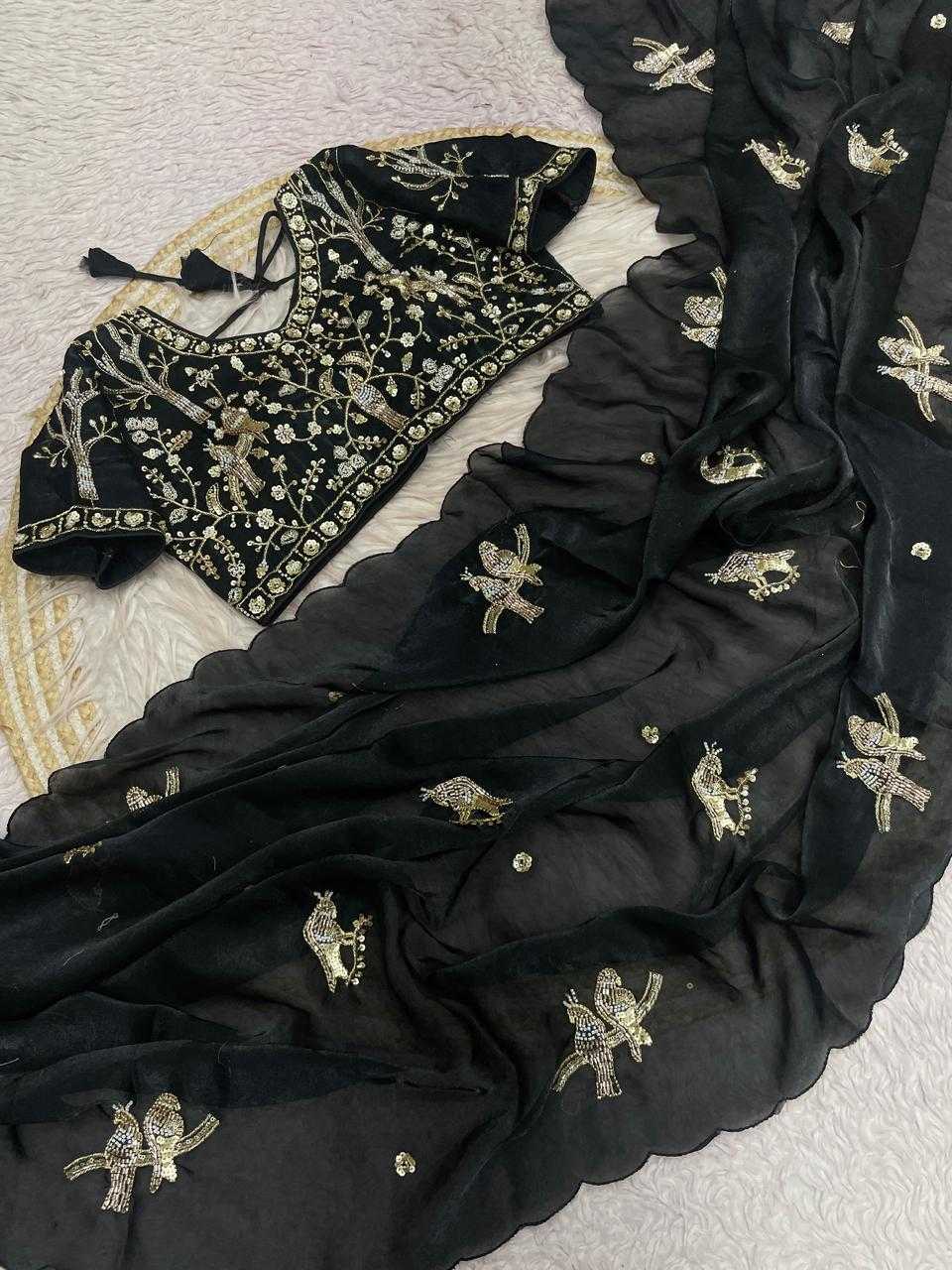 Handwork Cutwork satin Saree (Black) UNV-SR-019