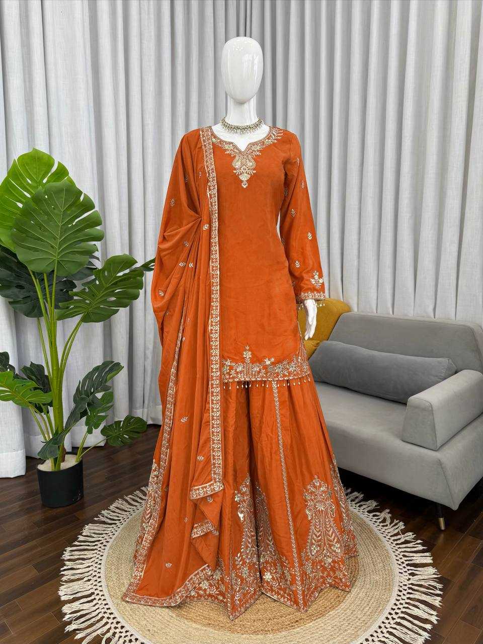 Crepe Party Wear Sharara Salwar Suit (Orange) UNV-ST-038