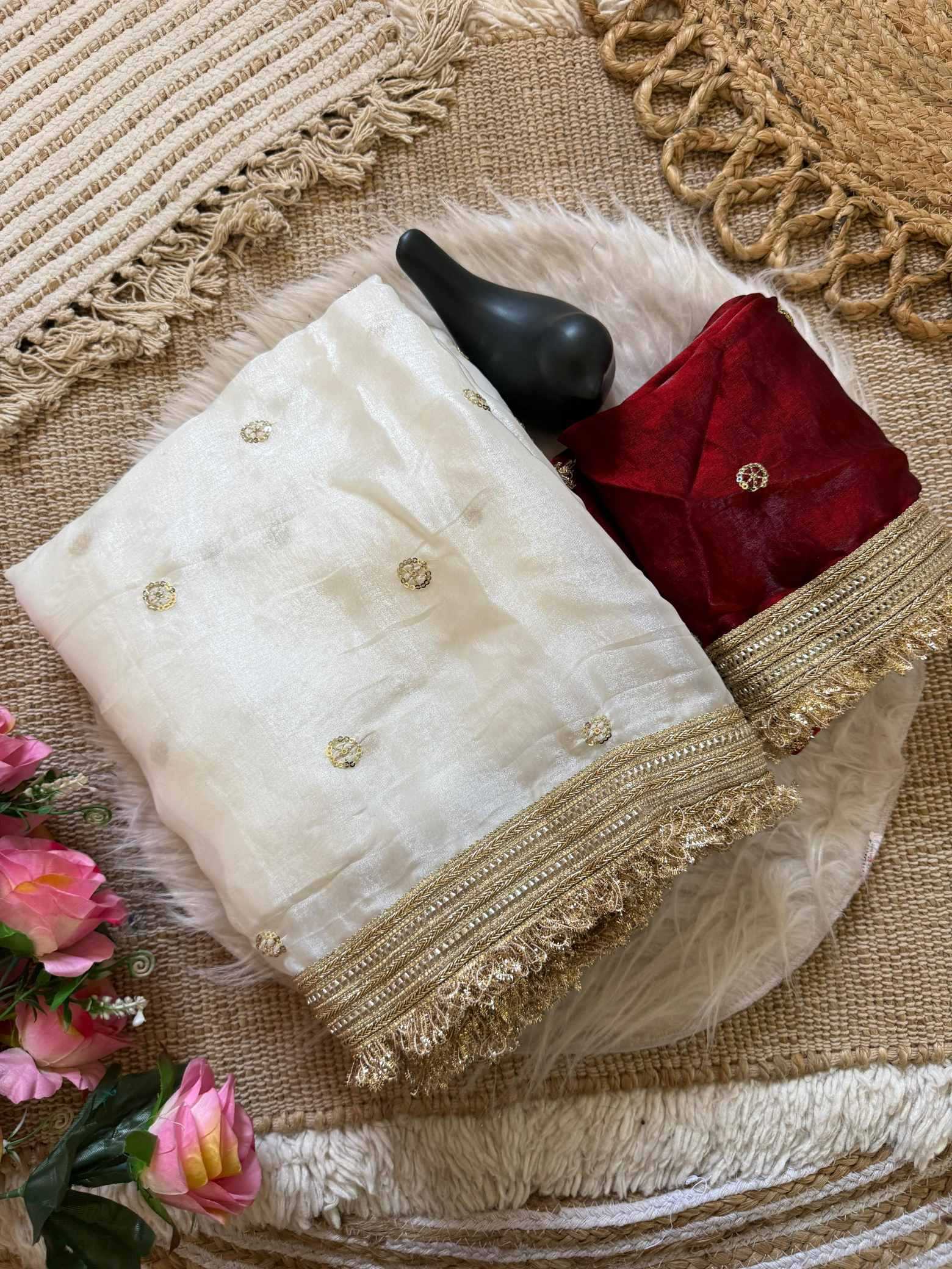 Satin Designer Ghazal saree (White) UNV-SR-022