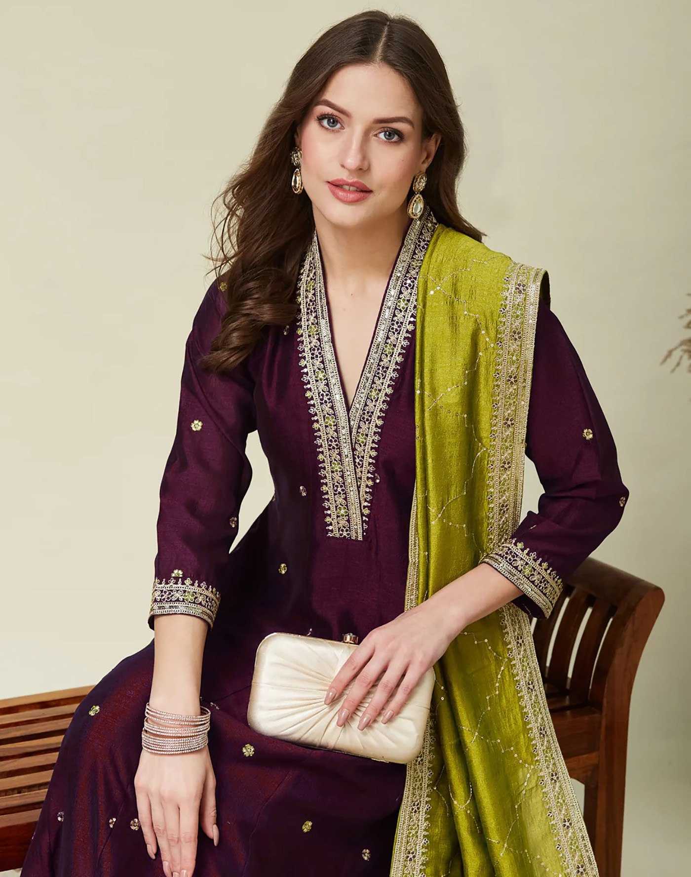 Vichitra  Silk Embroidered Anarkali  Suit (Wine) UNV-ST-017