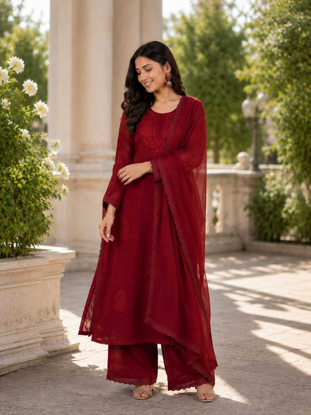 Faux Georgette Embroidered Suit (Maroon) UNV-ST-005