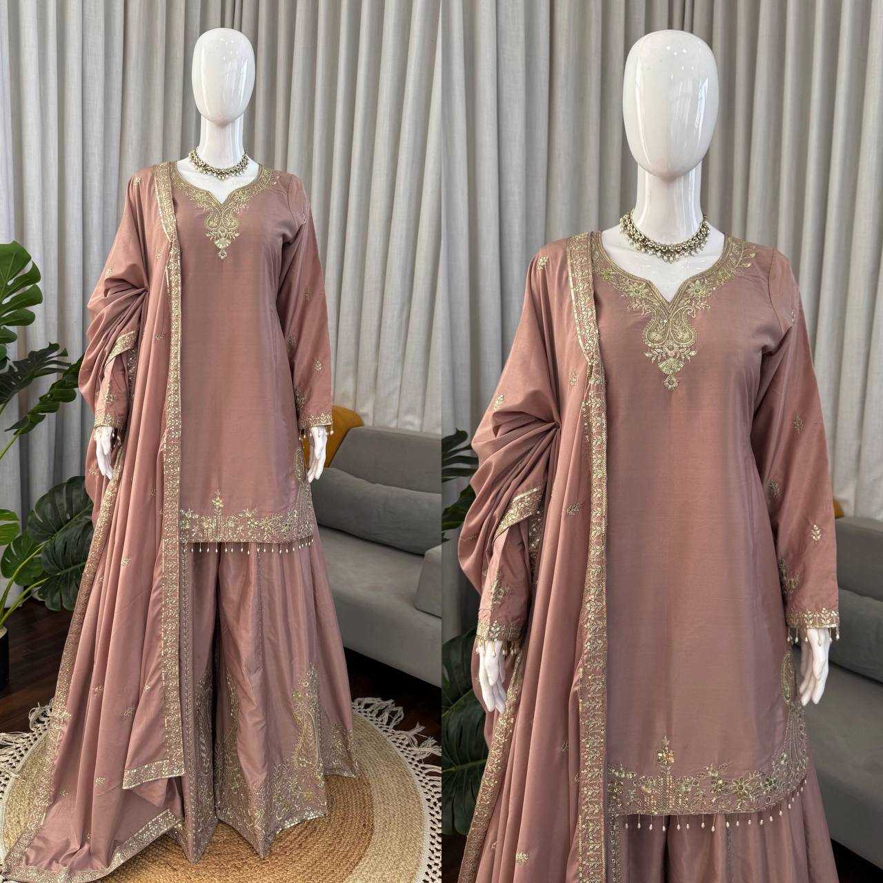 Crepe Party Wear Sharara Salwar Suit (Onion) UNV-ST-038
