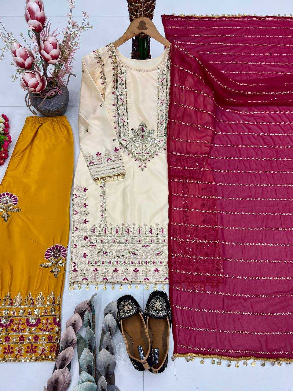 Heavy Embroidered Sharara Salwar Silk Suit (Beige) UNV-ST-035
