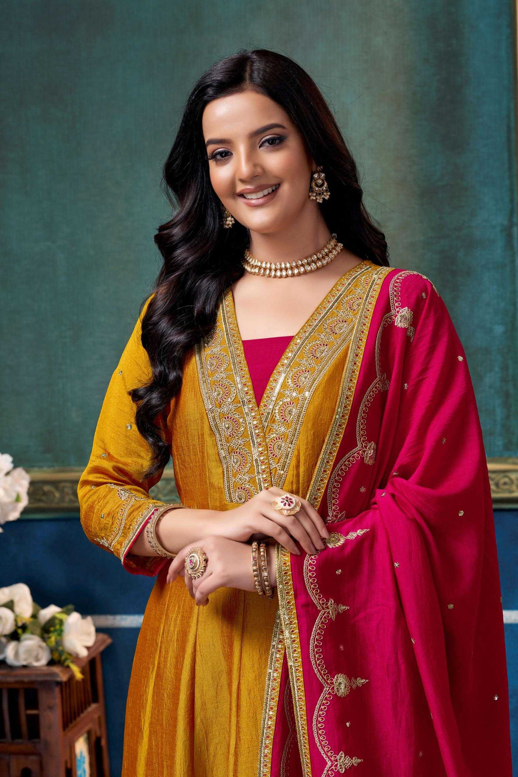Vichitra Silk Anarkali Suit (Mustard) UNV-ST-019