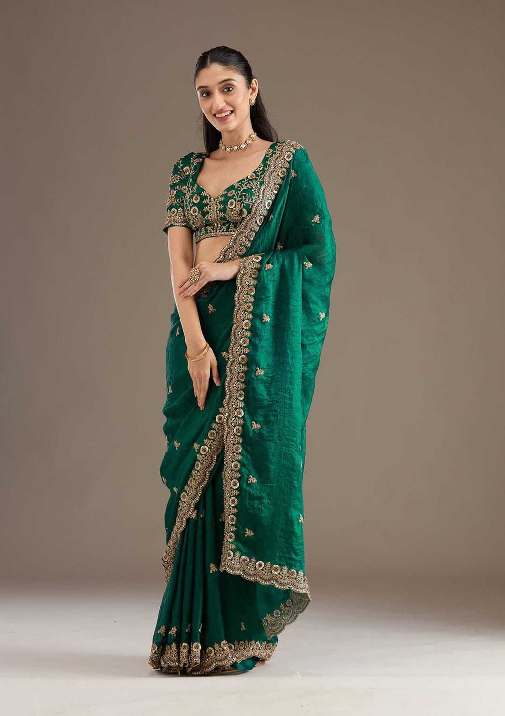 Chiffon Sequin Embroidered Saree(Bottle Green) UNV-SR-001