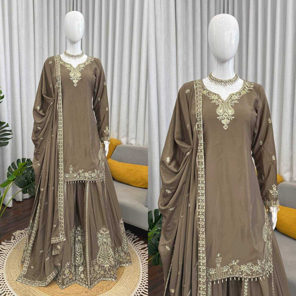 Crepe Party Wear Sharara Salwar Suit (Gray) UNV-ST-038