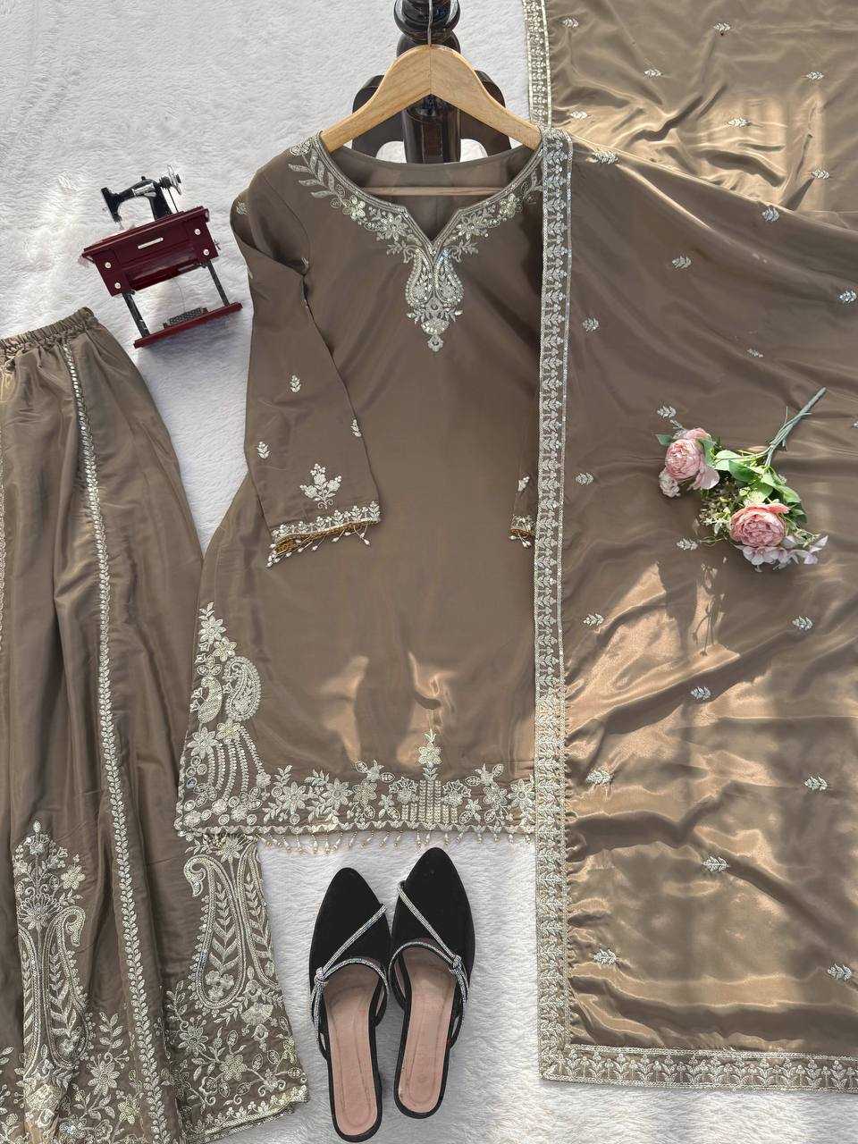 Crepe Party Wear Sharara Salwar Suit (Gray) UNV-ST-038