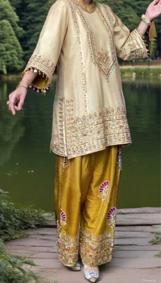 Heavy Embroidered Sharara Salwar Silk Suit (Beige) UNV-ST-035