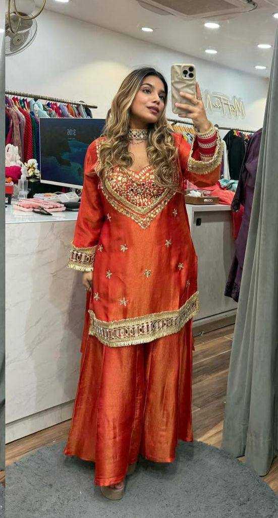 Designer Embroidered Plazzo Suit ( Orange) UNV-ST-001