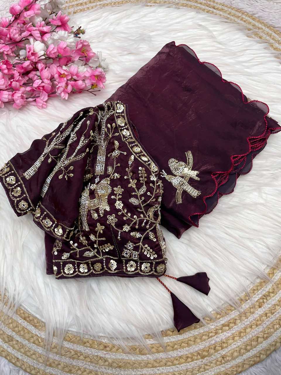 Handwork Cutwork satin Saree (Wine) UNV-SR-019