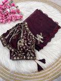 Handwork Cutwork satin Saree (Wine) UNV-SR-019